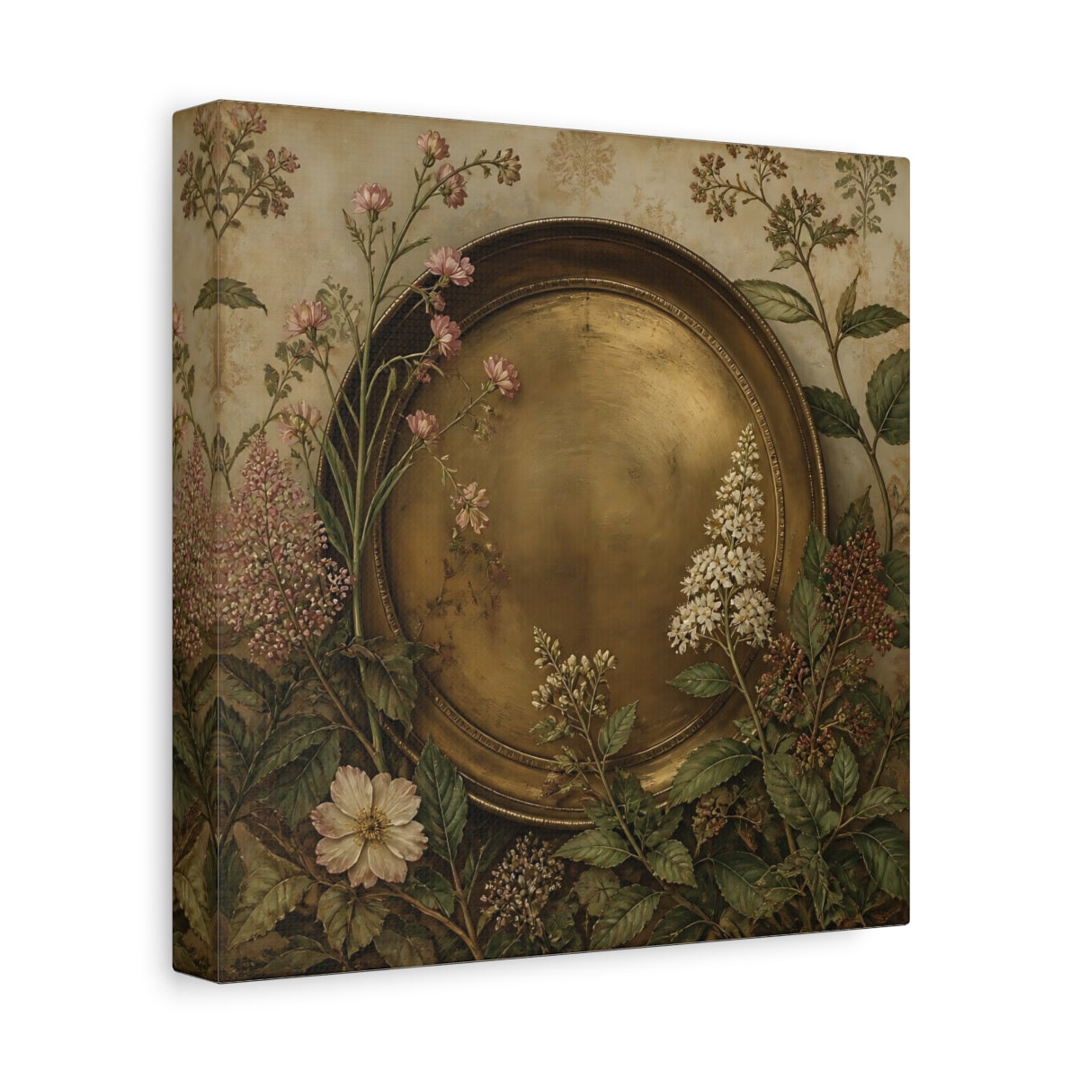 Side Mockup 9. Floral Gold Plate Gold Floral Plate shown as stretched canvas wall art
