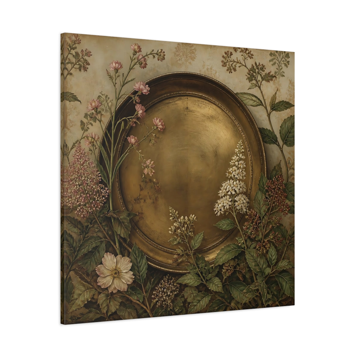Side Mockup 1. Floral Gold Plate Gold Floral Plate shown as stretched canvas wall art