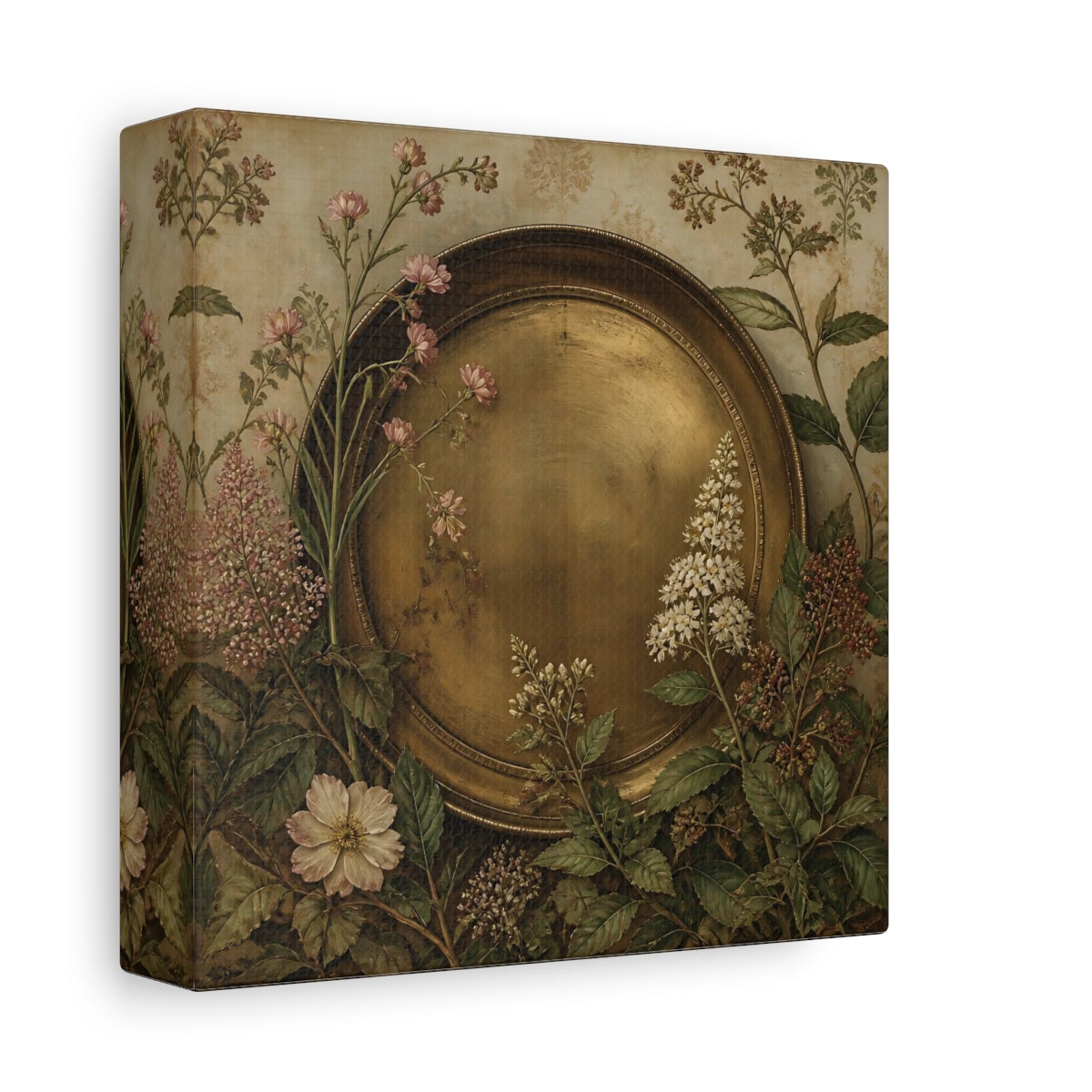 Side Mockup 2. Floral Gold Plate Gold Floral Plate shown as stretched canvas wall art
