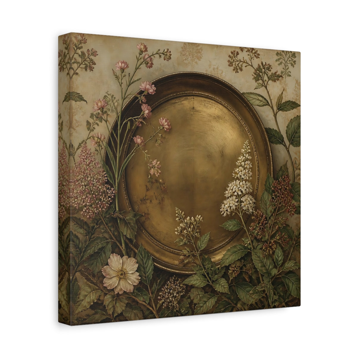 Side Mockup 8. Floral Gold Plate Gold Floral Plate shown as stretched canvas wall art