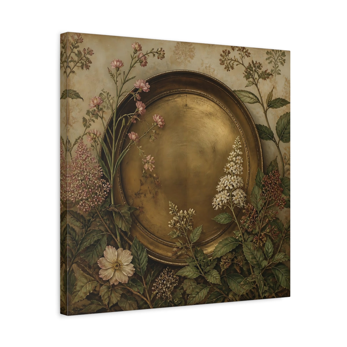 Side Mockup 5. Floral Gold Plate Gold Floral Plate shown as stretched canvas wall art