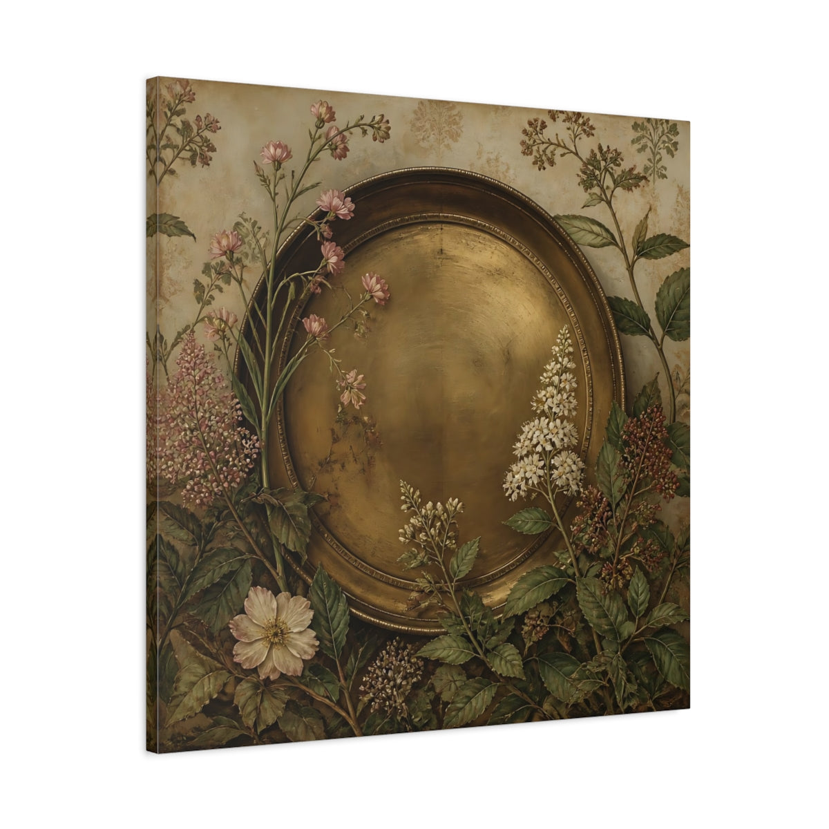 Side Mockup 3. Floral Gold Plate Gold Floral Plate shown as stretched canvas wall art