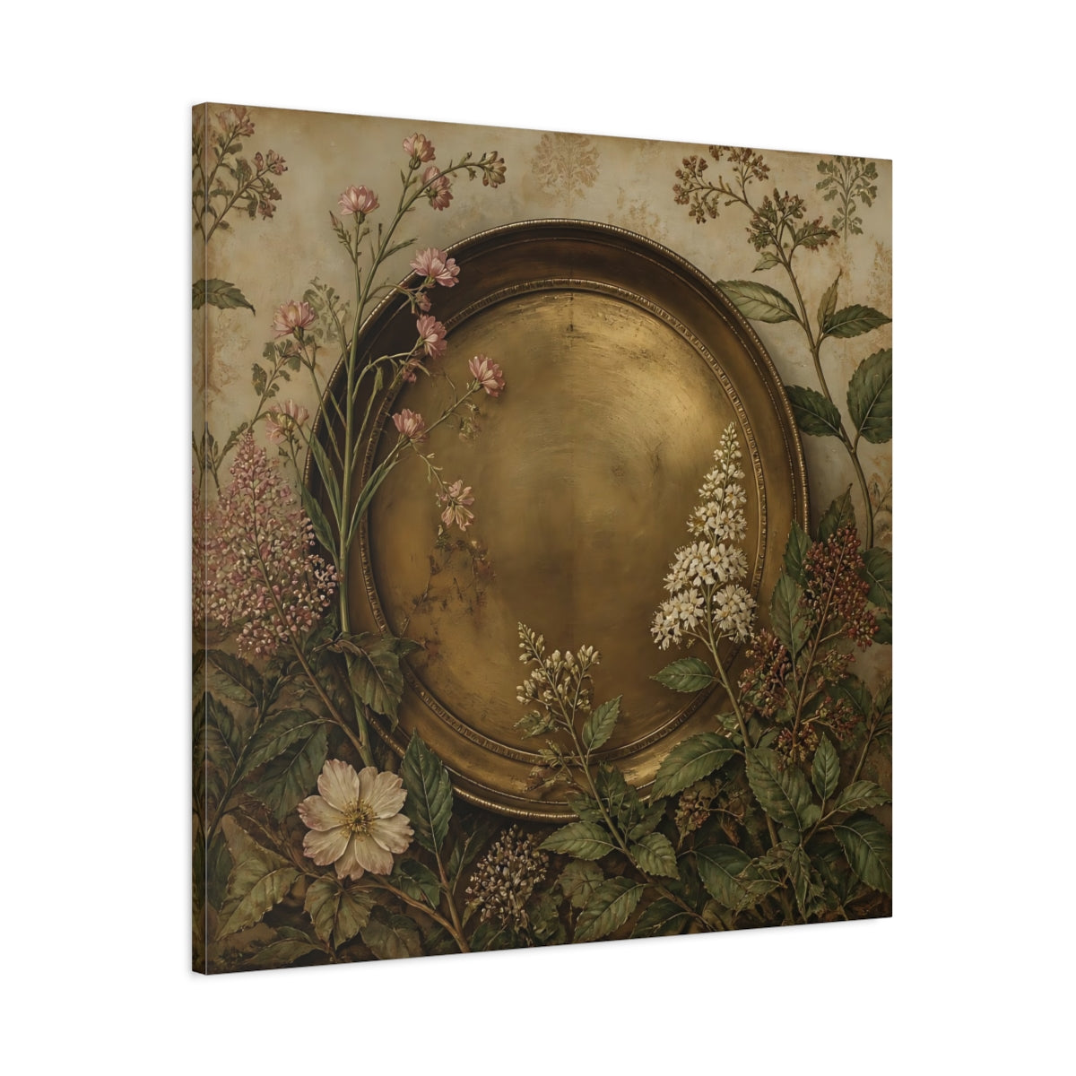 Main Mockup. Floral Gold Plate Gold Floral Plate shown as stretched canvas wall art