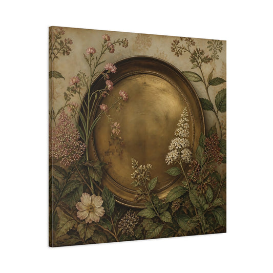Main Mockup. Floral Gold Plate Gold Floral Plate shown as stretched canvas wall art