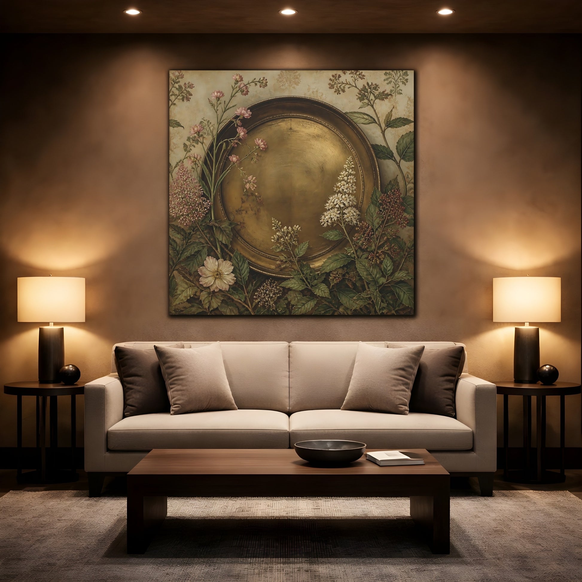 Mockup 2. Floral Gold Plate Gold Floral Plate shown as stretched canvas wall art
