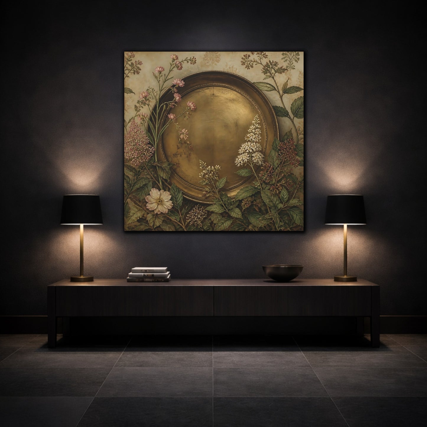Mockup 3. Floral Gold Plate Gold Floral Plate shown as stretched canvas wall art