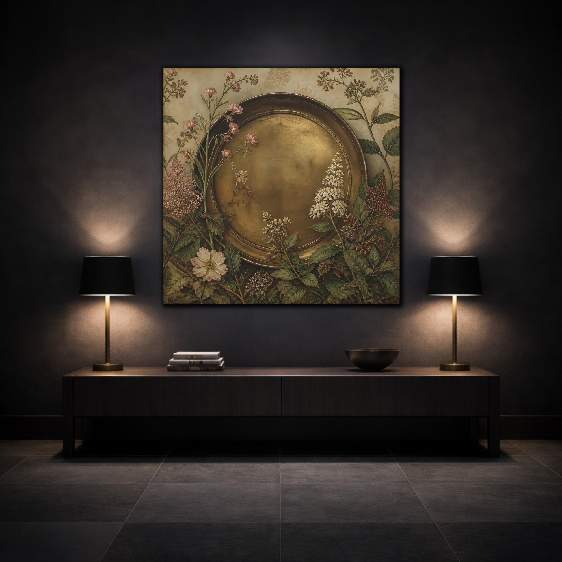 Mockup 3. Floral Gold Plate Gold Floral Plate shown as stretched canvas wall art
