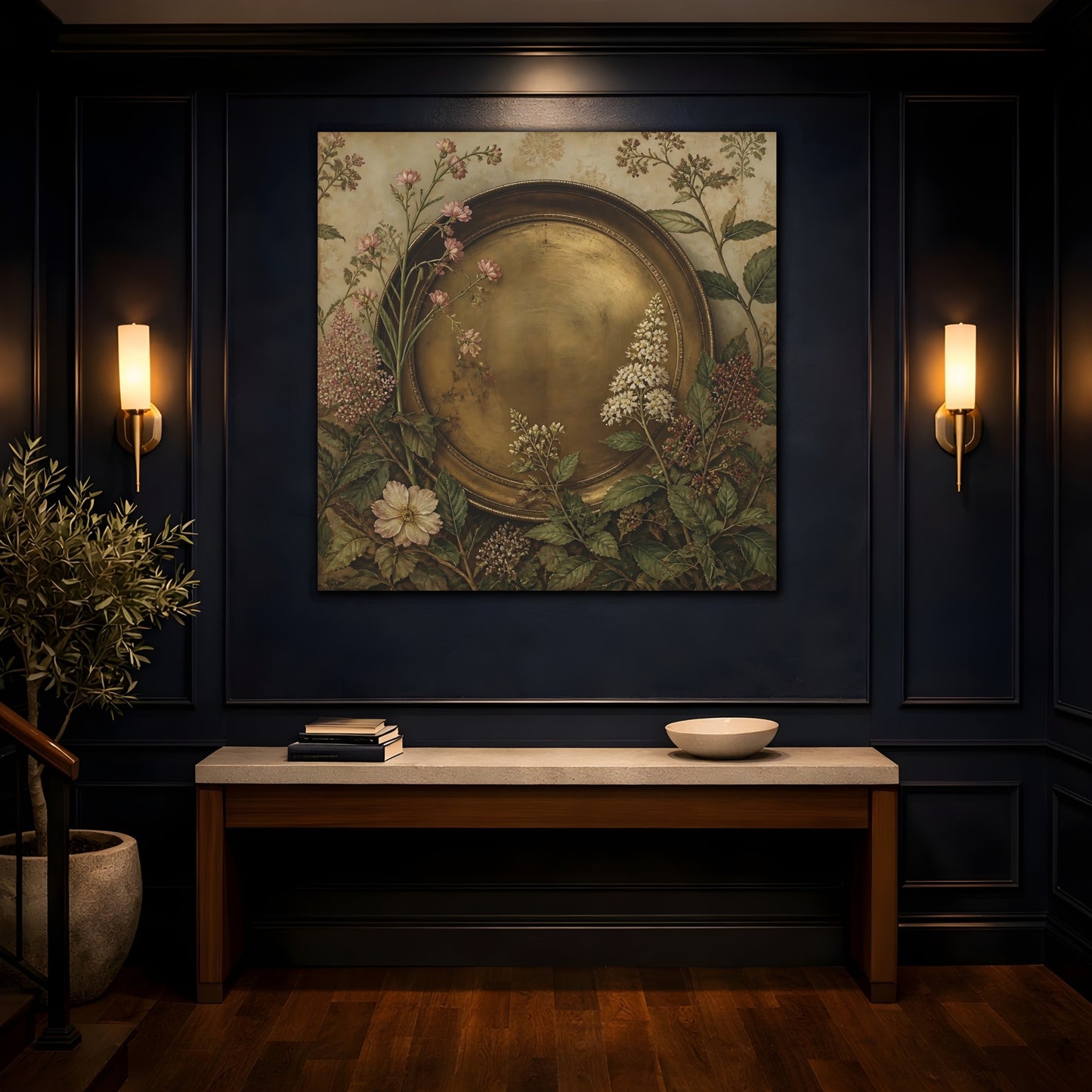 Mockup 4. Floral Gold Plate Gold Floral Plate shown as stretched canvas wall art
