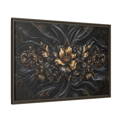 Main Mockup. Floral Golden Flower Black And Gold shown as stretched canvas wall art