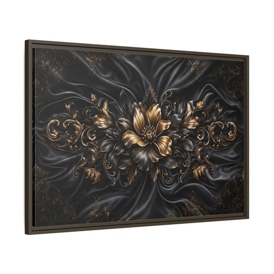 Main Mockup. Floral Golden Flower Black And Gold shown as stretched canvas wall art