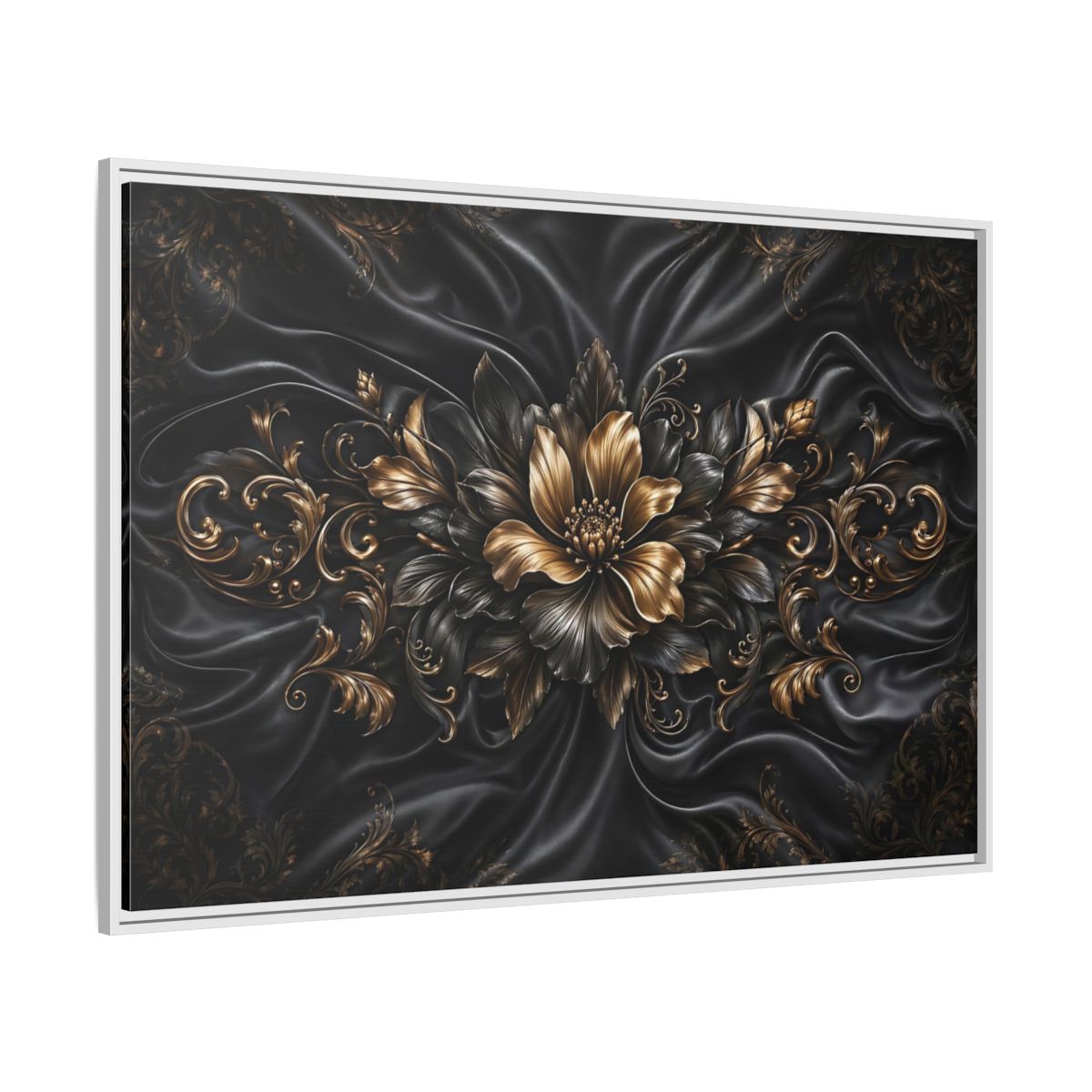 Side Mockup 7. Floral Golden Flower Black And Gold shown as stretched canvas wall art