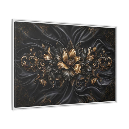 Side Mockup 7. Floral Golden Flower Black And Gold shown as stretched canvas wall art