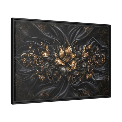 Side Mockup 13. Floral Golden Flower Black And Gold shown as stretched canvas wall art