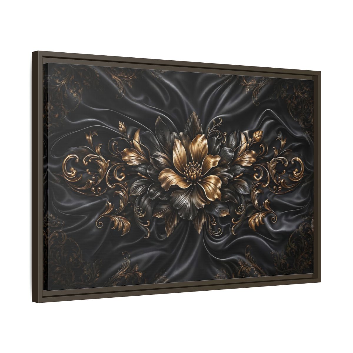 Side Mockup 11. Floral Golden Flower Black And Gold shown as stretched canvas wall art