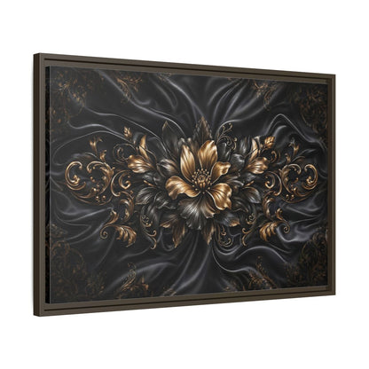 Side Mockup 11. Floral Golden Flower Black And Gold shown as stretched canvas wall art