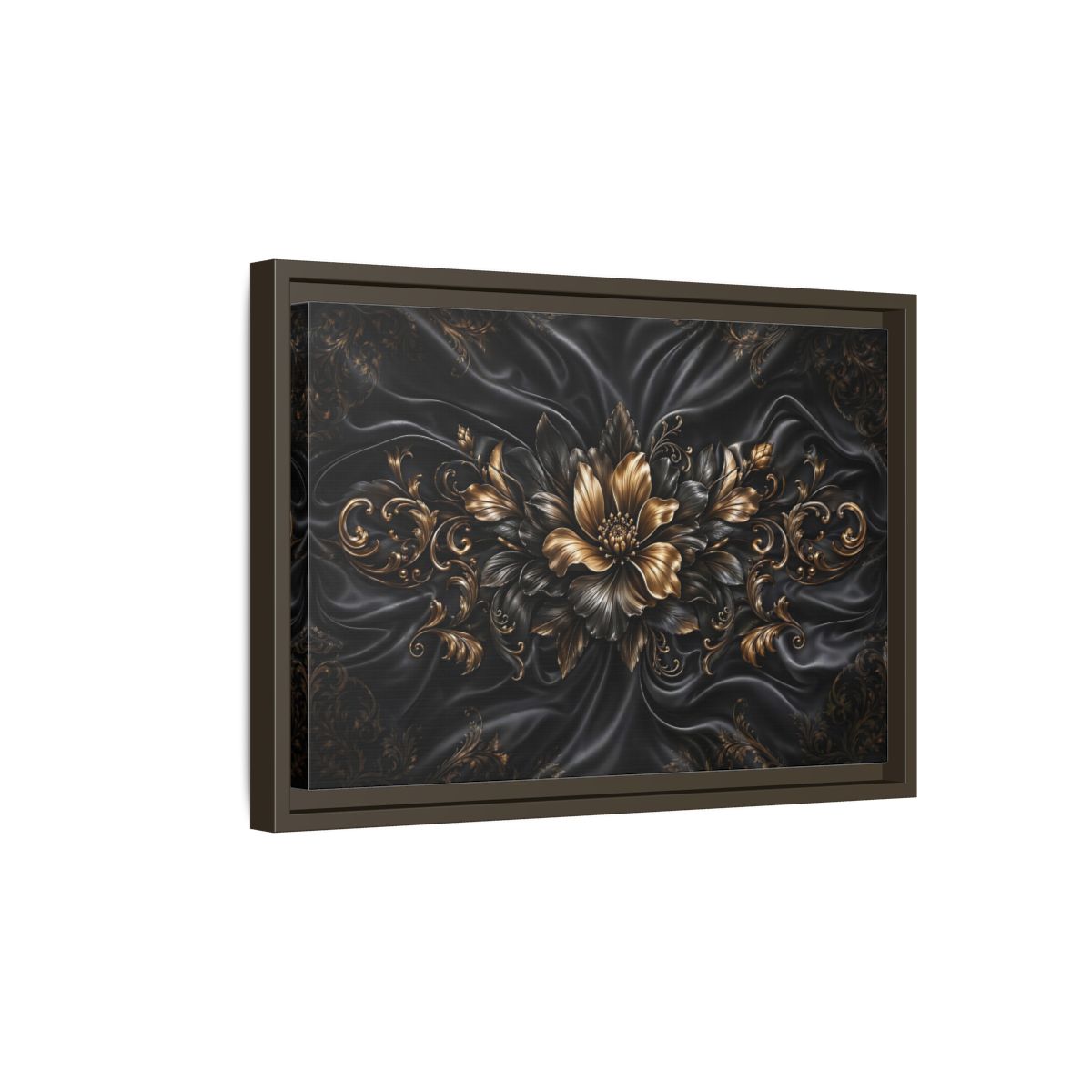 Side Mockup 5. Floral Golden Flower Black And Gold shown as stretched canvas wall art