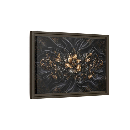 Side Mockup 5. Floral Golden Flower Black And Gold shown as stretched canvas wall art