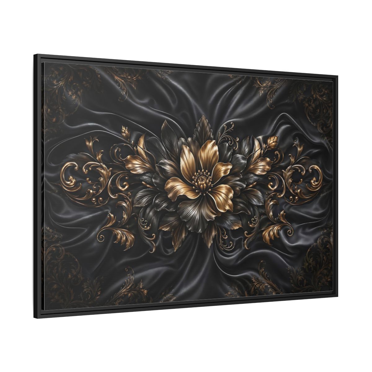 Side Mockup 12. Floral Golden Flower Black And Gold shown as stretched canvas wall art