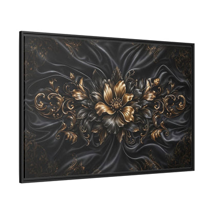 Side Mockup 12. Floral Golden Flower Black And Gold shown as stretched canvas wall art
