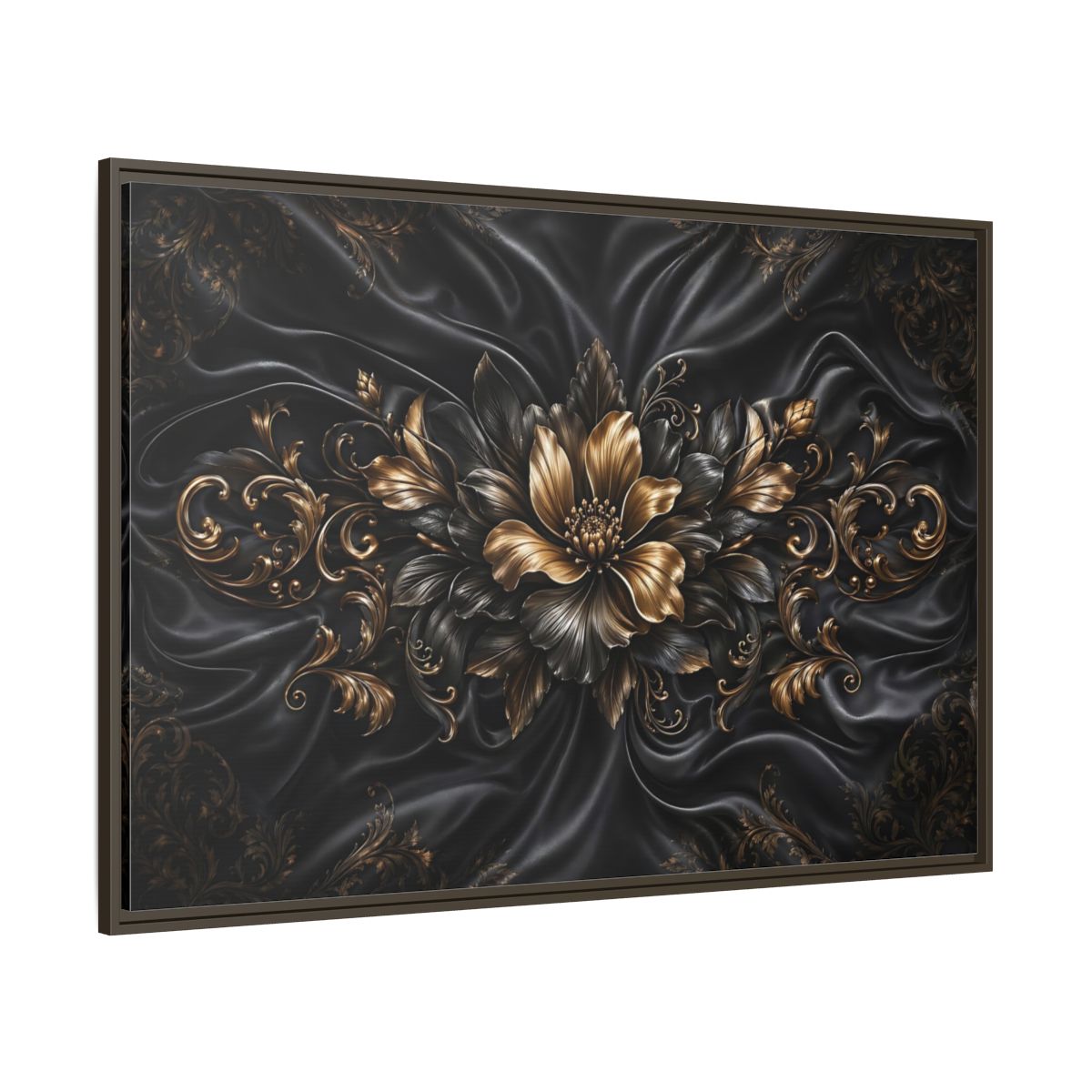 Side Mockup 8. Floral Golden Flower Black And Gold shown as stretched canvas wall art