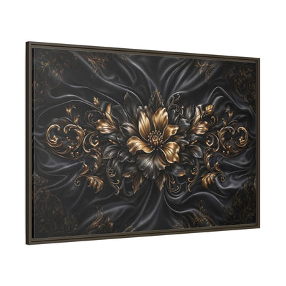 Side Mockup 8. Floral Golden Flower Black And Gold shown as stretched canvas wall art