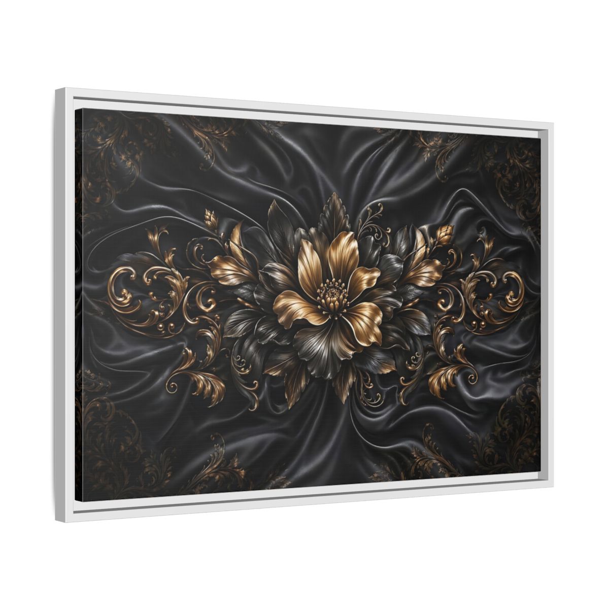 Side Mockup 10. Floral Golden Flower Black And Gold shown as stretched canvas wall art