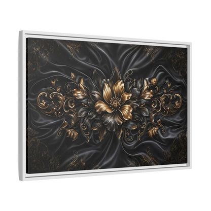 Side Mockup 10. Floral Golden Flower Black And Gold shown as stretched canvas wall art
