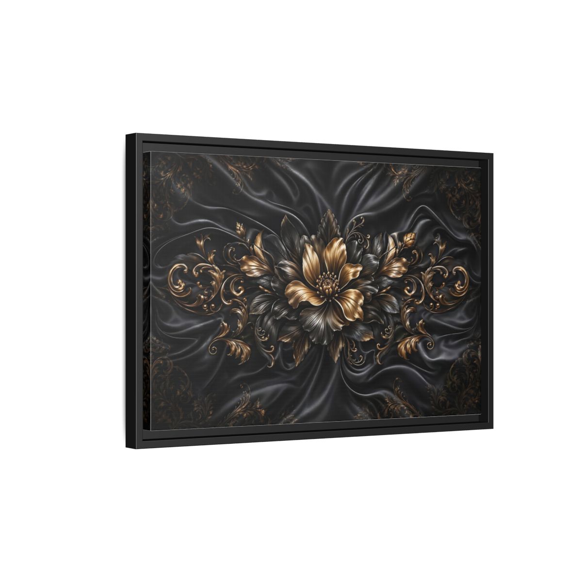 Side Mockup 3. Floral Golden Flower Black And Gold shown as stretched canvas wall art