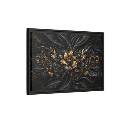 Side Mockup 3. Floral Golden Flower Black And Gold shown as stretched canvas wall art