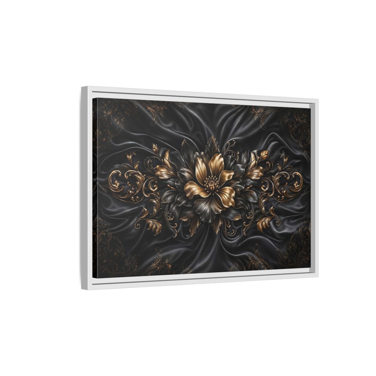 Side Mockup 1. Floral Golden Flower Black And Gold shown as stretched canvas wall art