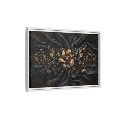 Side Mockup 1. Floral Golden Flower Black And Gold shown as stretched canvas wall art