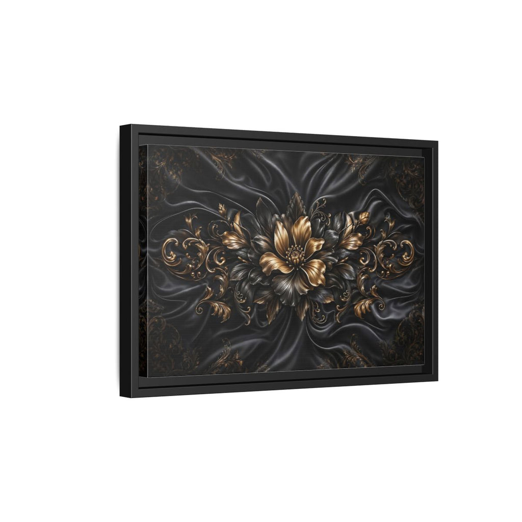 Side Mockup 6. Floral Golden Flower Black And Gold shown as stretched canvas wall art
