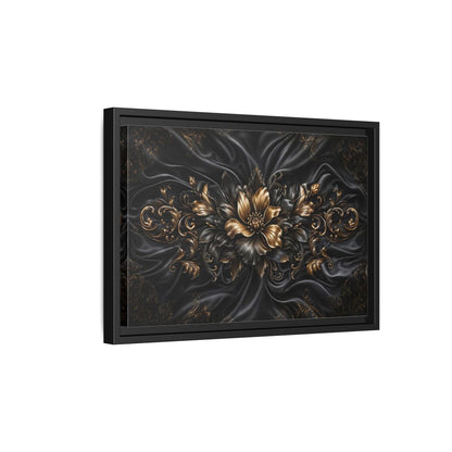 Side Mockup 6. Floral Golden Flower Black And Gold shown as stretched canvas wall art