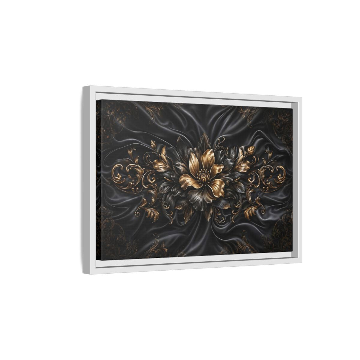 Side Mockup 4. Floral Golden Flower Black And Gold shown as stretched canvas wall art