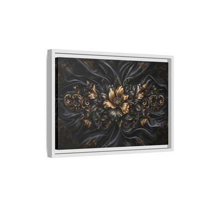 Side Mockup 4. Floral Golden Flower Black And Gold shown as stretched canvas wall art
