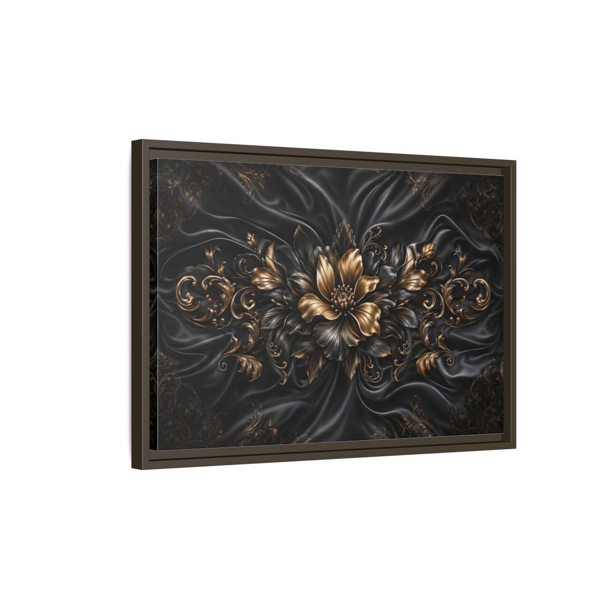 Side Mockup 2. Floral Golden Flower Black And Gold shown as stretched canvas wall art