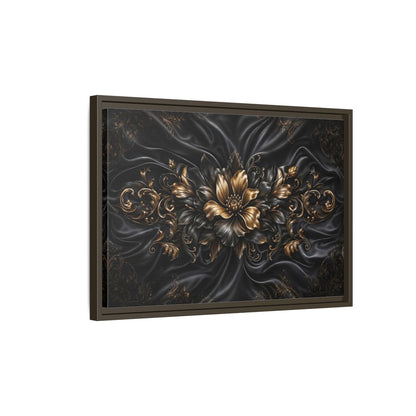 Side Mockup 2. Floral Golden Flower Black And Gold shown as stretched canvas wall art