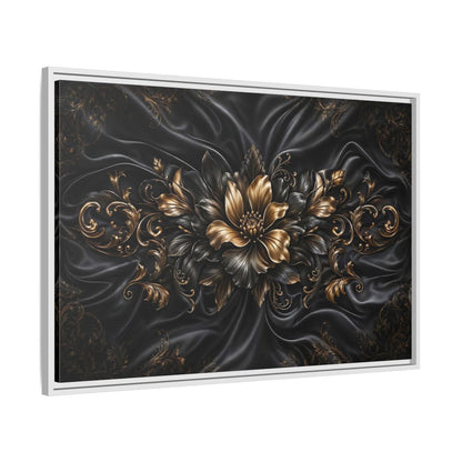 Side Mockup 9. Floral Golden Flower Black And Gold shown as stretched canvas wall art