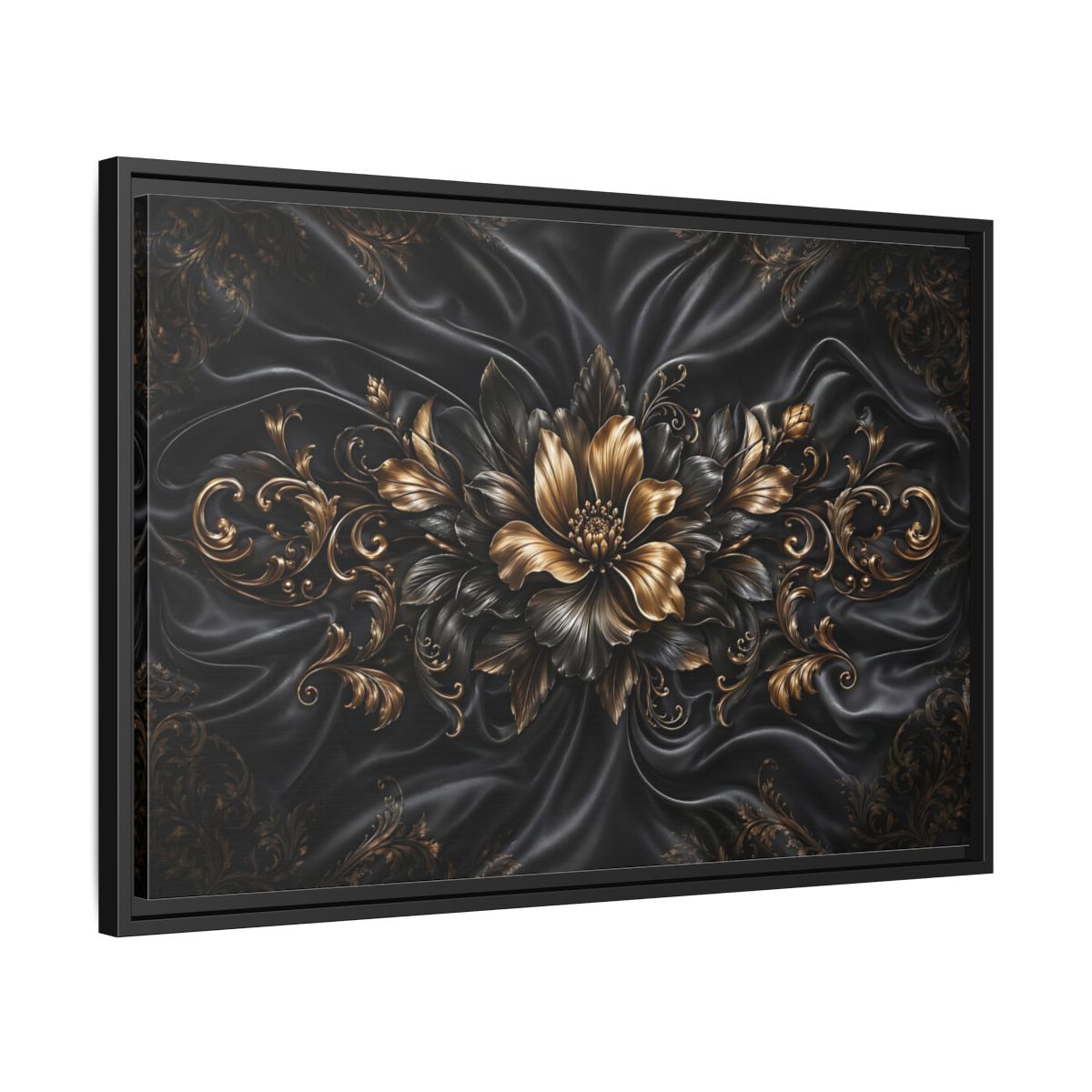 Side Mockup 14. Floral Golden Flower Black And Gold shown as stretched canvas wall art