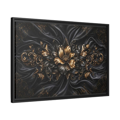 Side Mockup 14. Floral Golden Flower Black And Gold shown as stretched canvas wall art