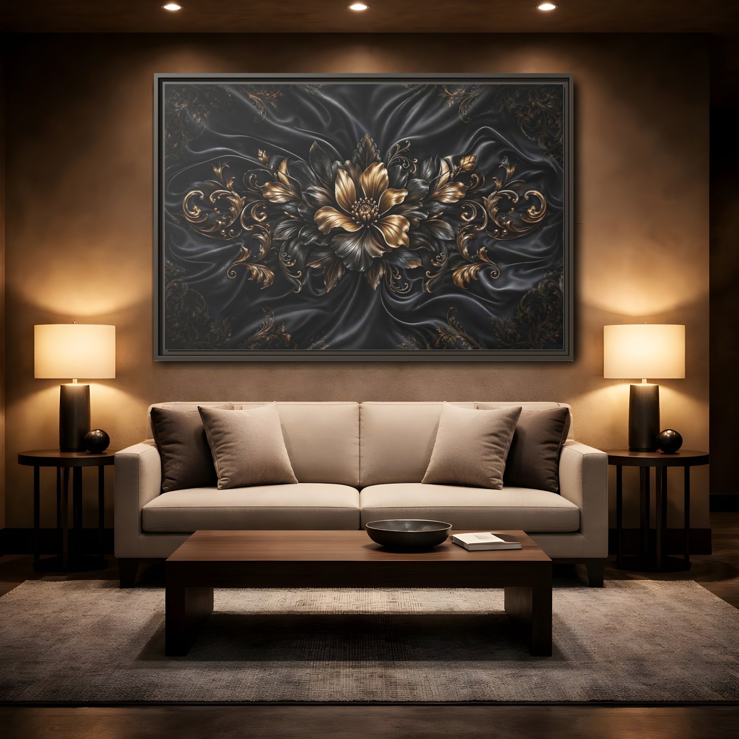 Mockup 2. Floral Golden Flower Black And Gold shown as stretched canvas wall art