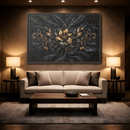 Mockup 2. Floral Golden Flower Black And Gold shown as stretched canvas wall art