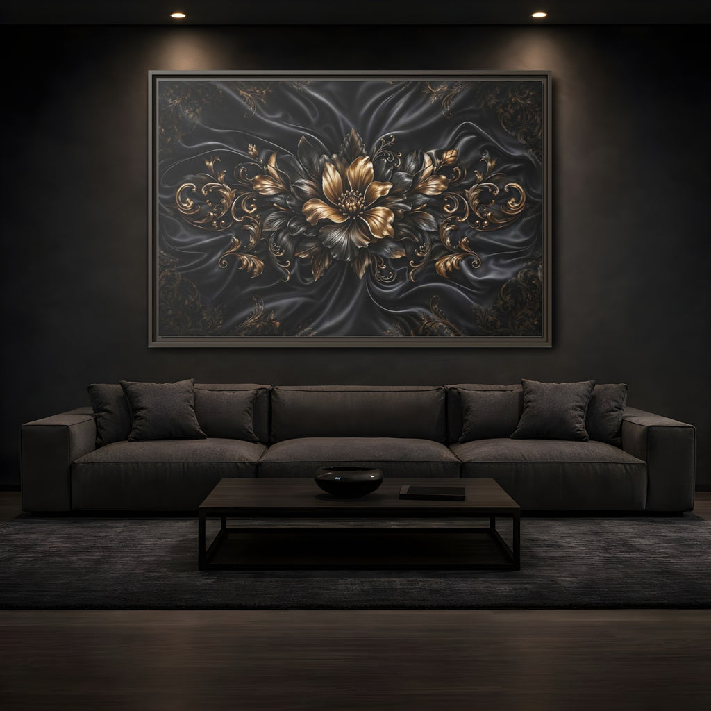 Mockup 3. Floral Golden Flower Black And Gold shown as stretched canvas wall art