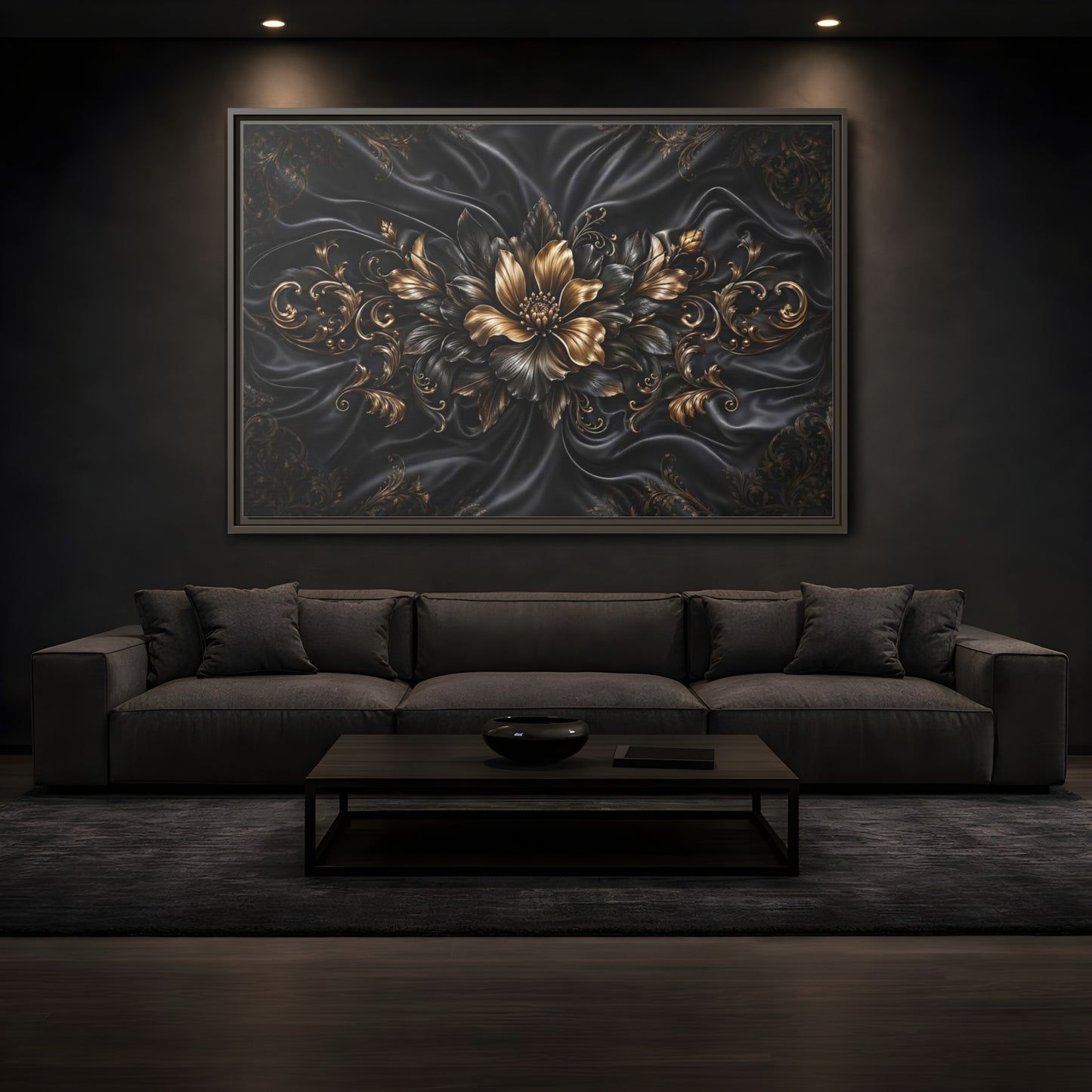 Mockup 3. Floral Golden Flower Black And Gold shown as stretched canvas wall art