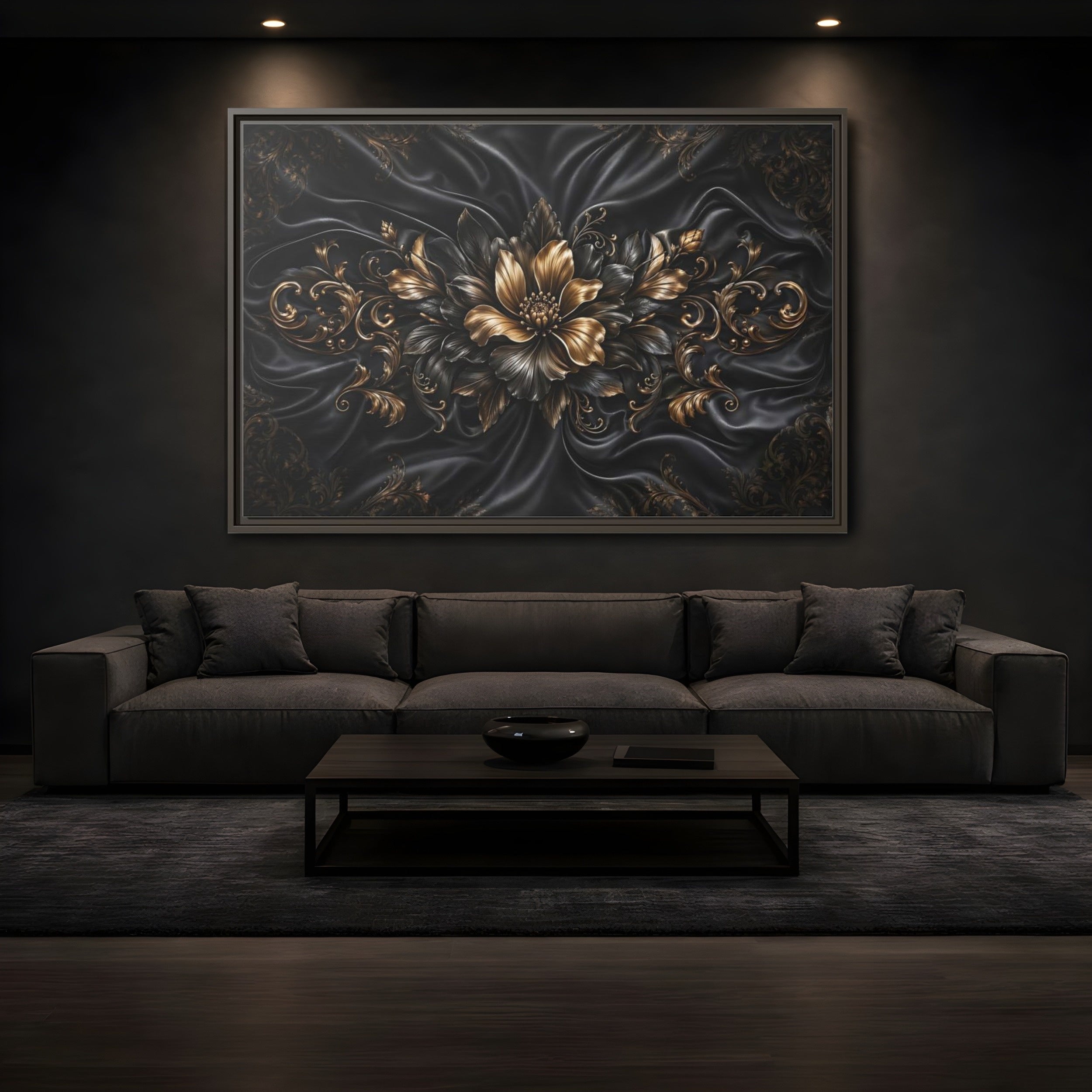Mockup 3. Floral Golden Flower Black And Gold shown as stretched canvas wall art