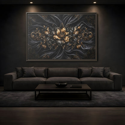 Mockup 3. Floral Golden Flower Black And Gold shown as stretched canvas wall art