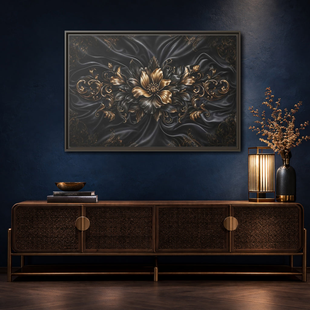 Mockup 4. Floral Golden Flower Black And Gold shown as stretched canvas wall art