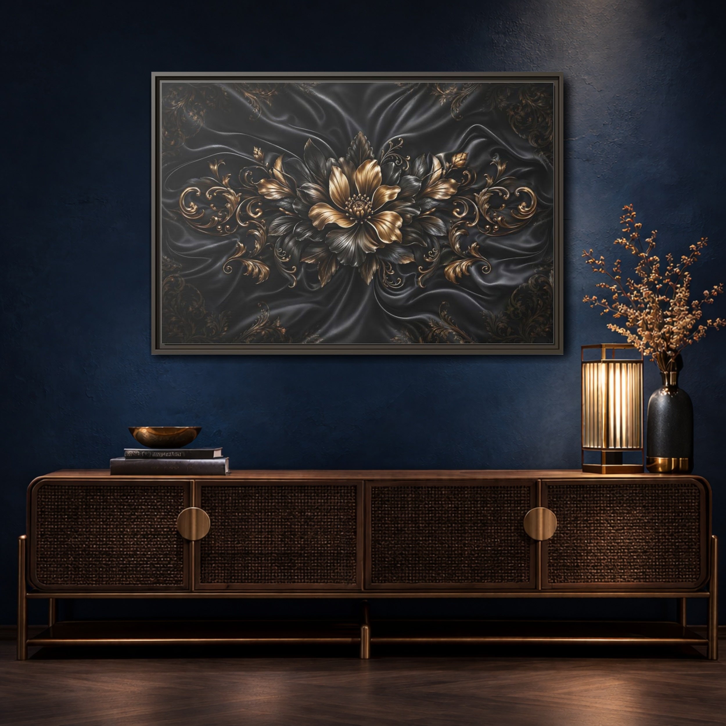 Mockup 4. Floral Golden Flower Black And Gold shown as stretched canvas wall art