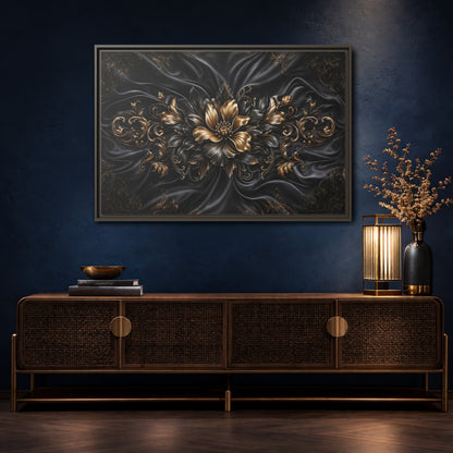 Mockup 4. Floral Golden Flower Black And Gold shown as stretched canvas wall art