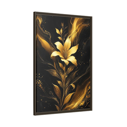 Main Mockup. Floral Golden Lily Black And Gold shown as stretched canvas wall art